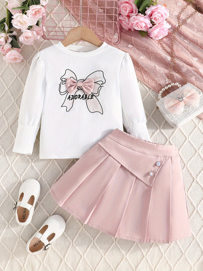 Herbstliches Langarm-Oberteil mit Ballonärmeln, Fliege und Faltenrock-Set.