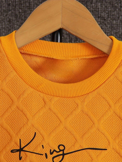 Langarm-Sweatshirt für Jungen in Orange mit Rundhalsausschnitt, modisches Oberteil mit britischem Aufdruck, Herbst, neues lässiges Jeans-Set, zweiteilig